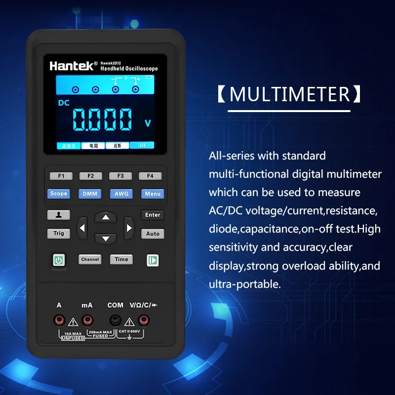 Hantek 2D42 3 en 1 Osciloscopio de mano USB portátil Osciloscopio digital 250MSa/S Generador de formas de onda 2 canales 40mhz Lcd