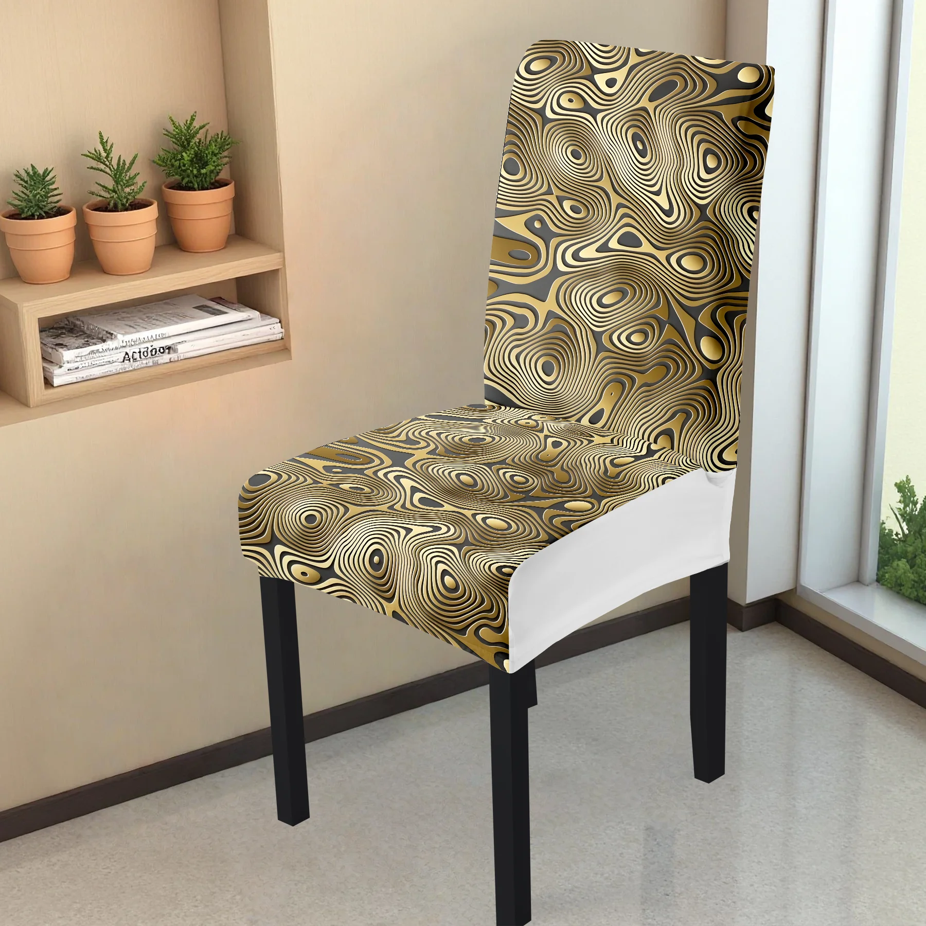 2024 New Elastic Chair Cover, Retro Gold Swirl Pattern, Washable Non - Slip, Four - Season Universal for