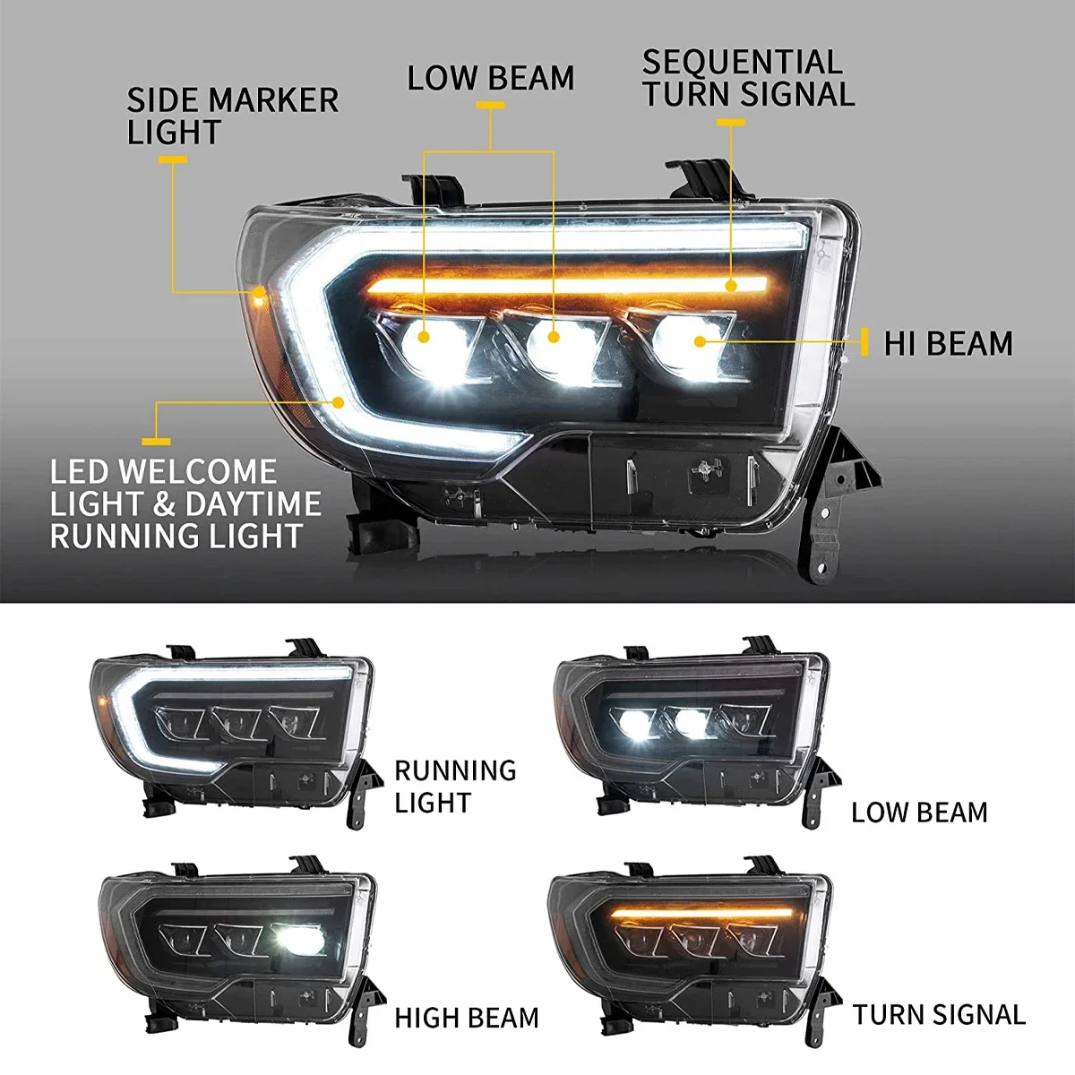 

Светодиодные фары проектора для Toyota Tundra 2007-2013, Sequoia 2008-2021 Добро пожаловать, динамические DRL, указатели поворота, передние лампы в сборе