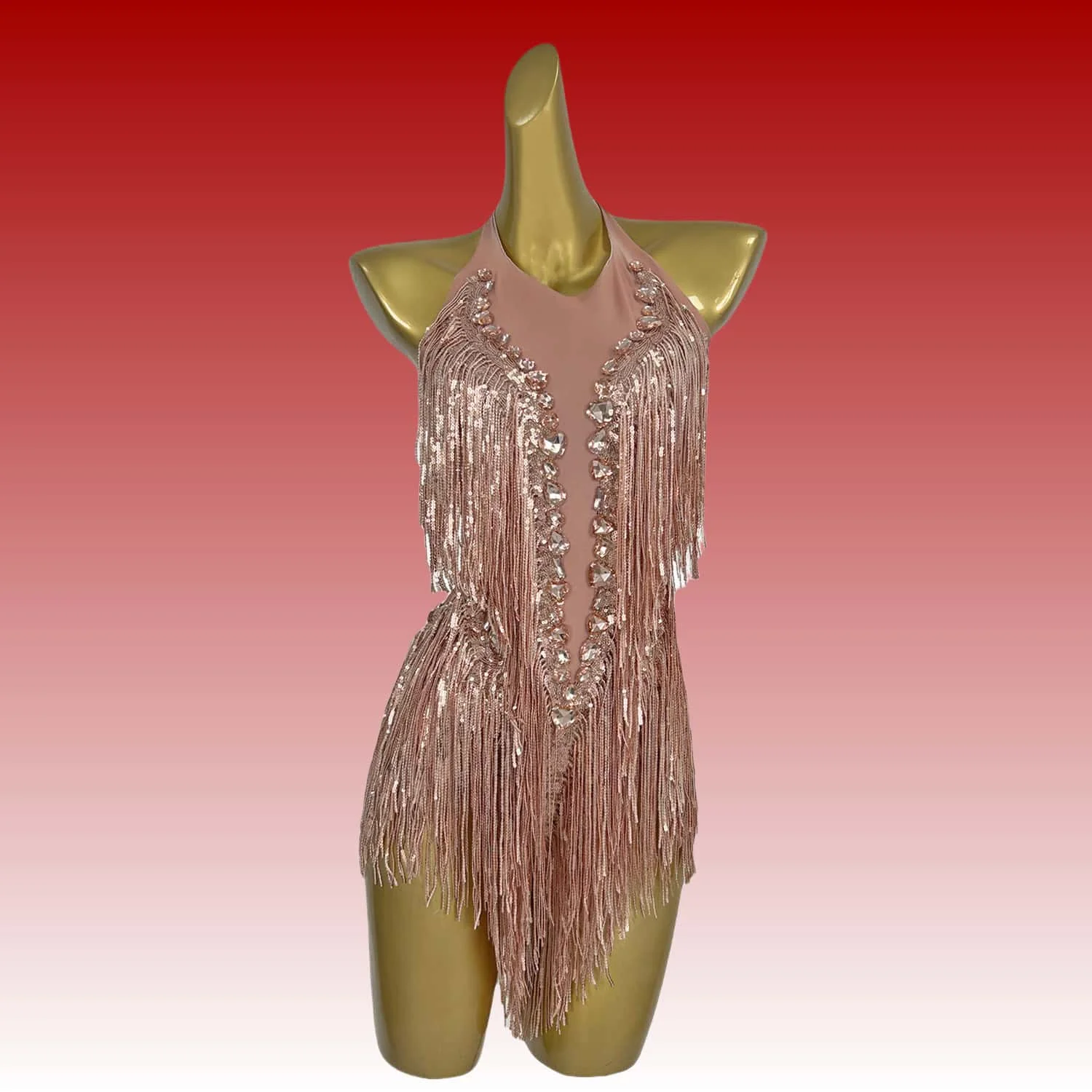 Shuye Champagne Fringed Latin Dance Talent Performance Suit Female Group Backing Dance Leotard Nightclub Performance Jumpsuit