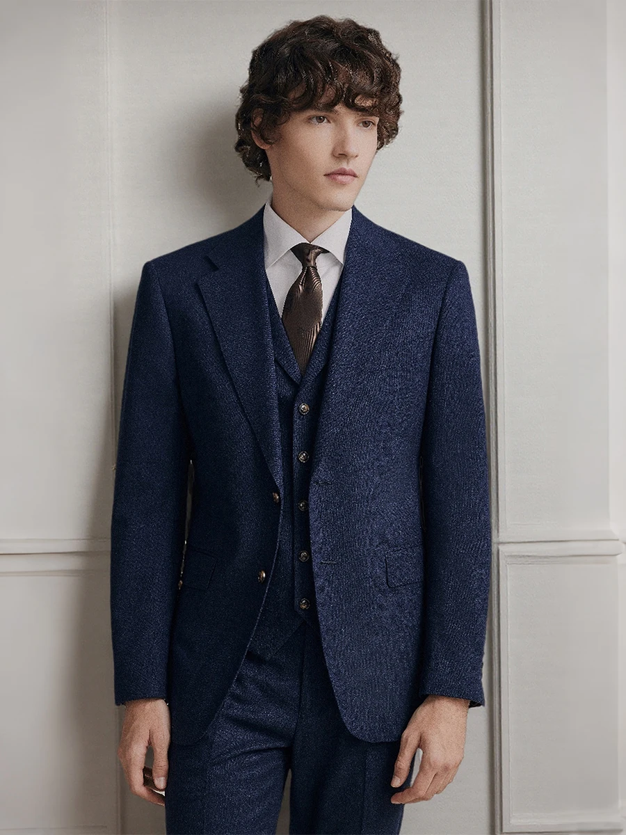 

Men's 3-Piece Slim Fit Wedding Suit Set for Groom, Blue Formal Business Blazer with Vest & Pants, Autumn Winter Thick Fabric 58