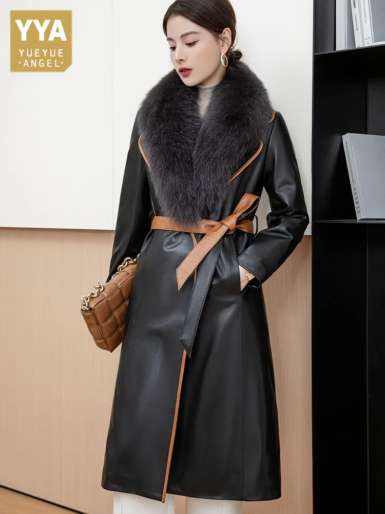 Winter Women Knee Length Real Sheepskin Down Coat Fox Fur Collar Detachable Overcoat Single Button Sashes Slim Fit Windbreaker