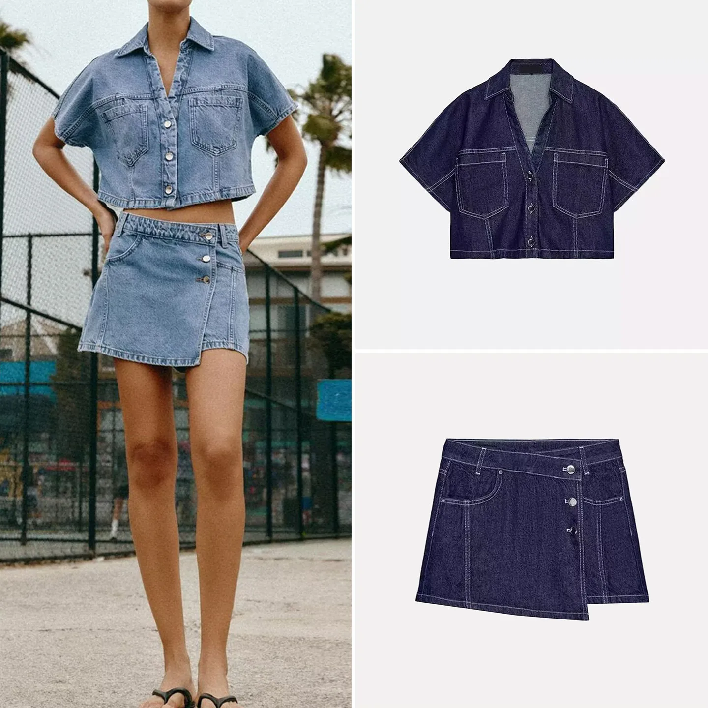 

Women's Short Sleeve Turn-down Collar Denim Shirt with Pocket High Waist Skirt Pants Summer Fashion Set Zadata Brand
