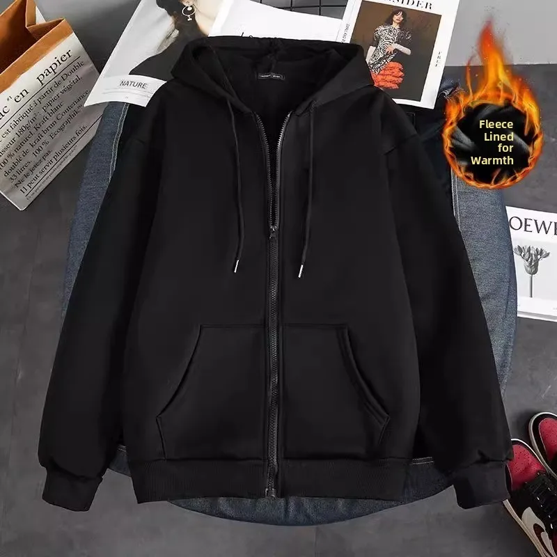سترة رجالية مبطنة بالصوف مع غطاء للرأس، معطف دافئ غير رسمي للعمل في الخريف والشتاء، سترة بسحاب فضفاضة بتصميم عصري للشباب