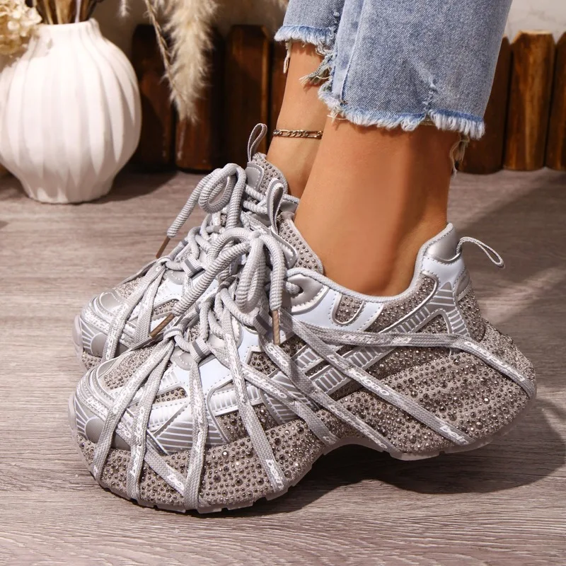 

Women's Comfortable Sports Casual Shoes Breathable Mesh Upper Thick Sole Dad Sneakers Luxury Rhinestone Anti Slip Running Shoes