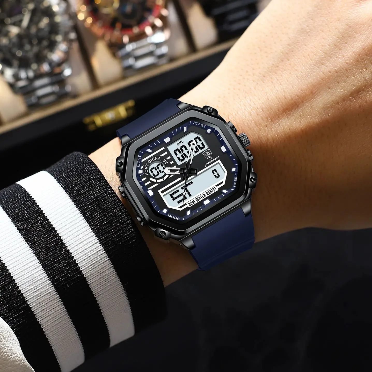 POEDAGAR LED กีฬาผู้ชายนาฬิกาจอแสดงผลแบบ Dual ดิจิตอลสัปดาห์วันที่ Square Man นาฬิกาสายซิลิโคนอิเล็กทรอนิกส์ผู้ชายนาฬิกาควอตซ์