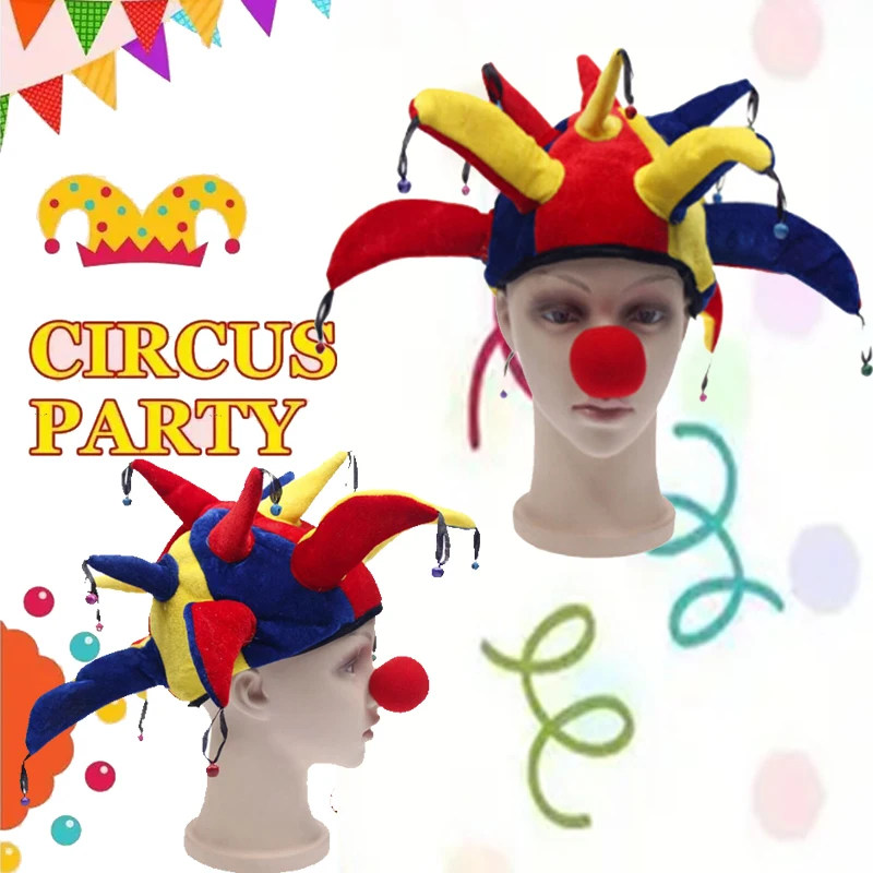 1pc Clown Hat, Multi Corner Rave Performance Hat, Funny Plush Clown Hat with Nose Bell for Halloween Carnival Party Cosplay Prop