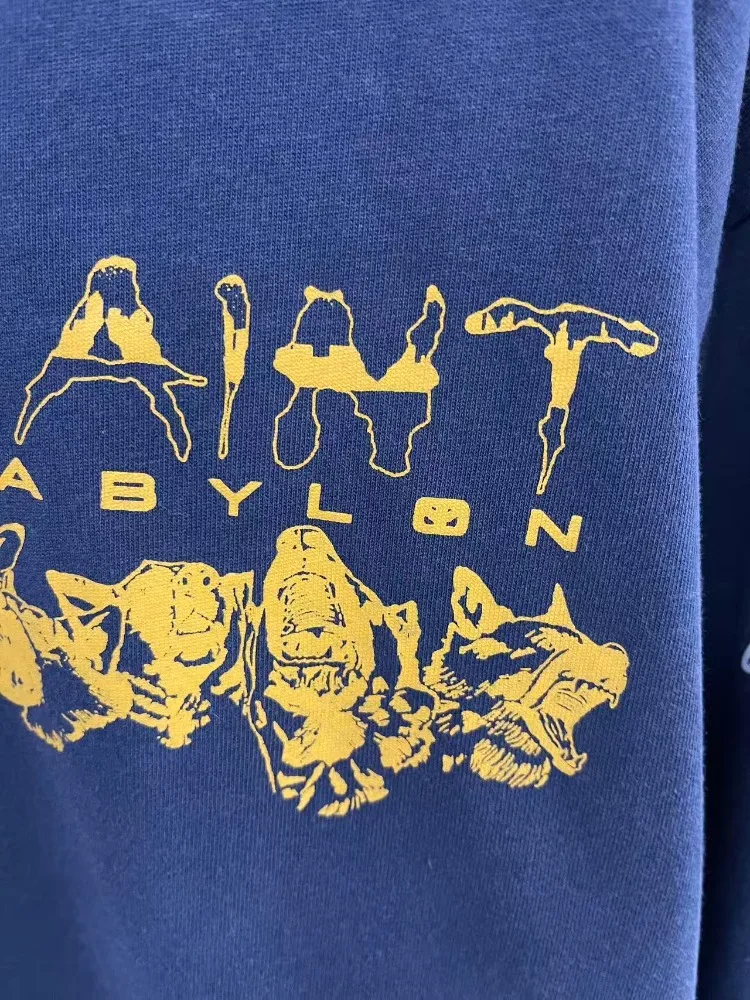 تي شيرت Saint Babyl باللون الأزرق الداكن 100% قطن فضفاض مناسب كاجوال بأكمام طويلة للرجال، قميص مريح كبير الحجم