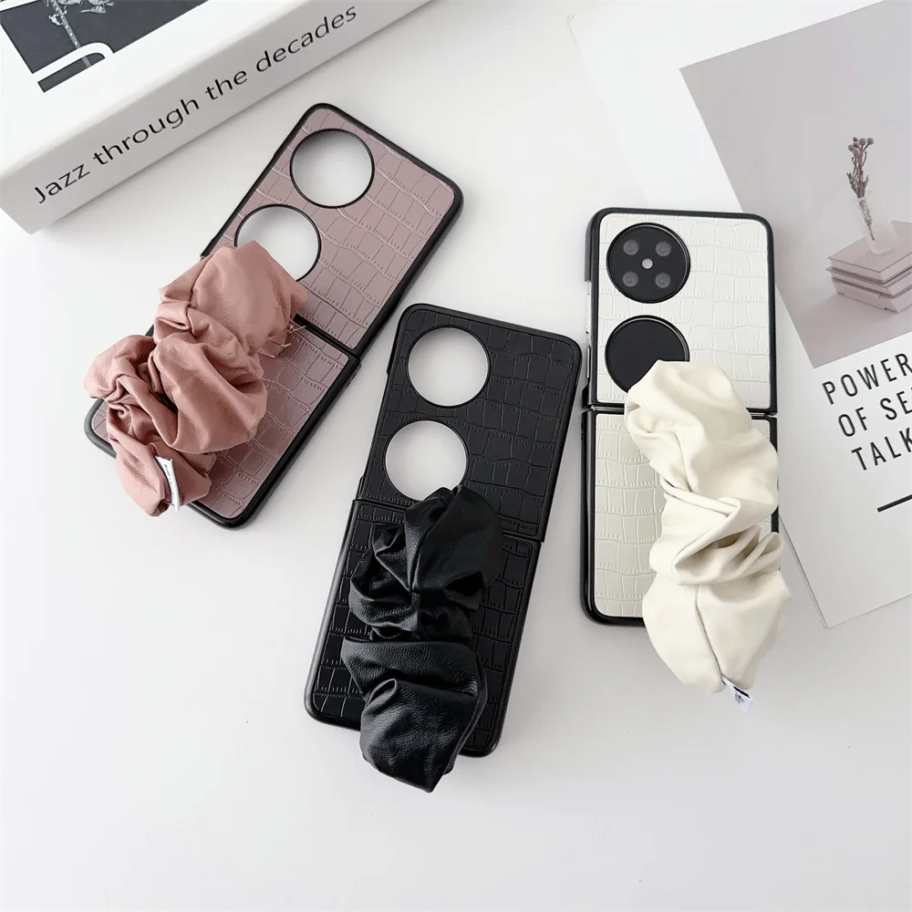 Crocodile Pattern Scarves Wrist Strap Phone Case For HuaWei P50 Pocket 2 Protective PC Hard Shell Back Cover