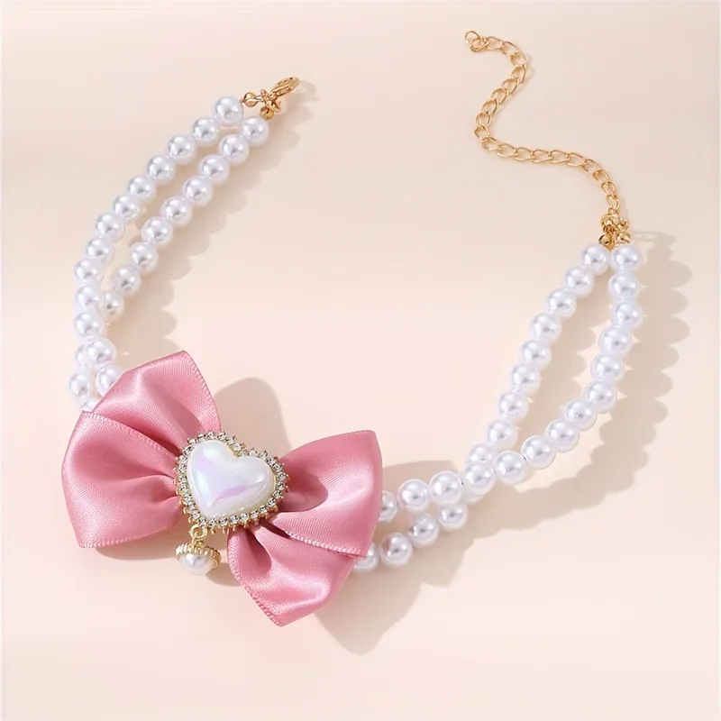 

1PC Double Layer Pet Collar with Heart Drop Pendant Pearl Bow Necklace Cat Dog Collar Product Suitable for Small to Medium Pet
