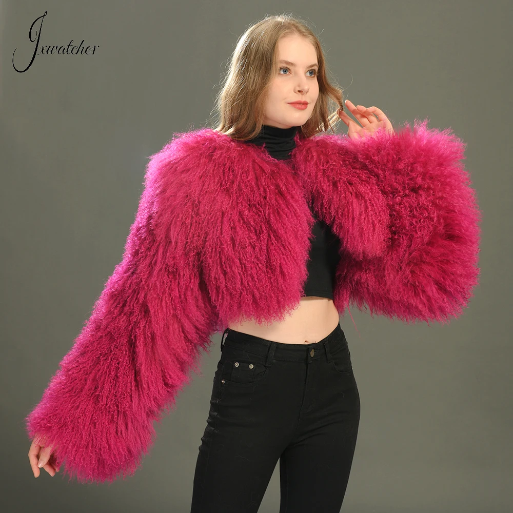 Jxwatcher Real Mongolian Sheep Fur Coat Women Fashion Short Cropped Natural Fur Jacket Ladies Fluffy Fur Coats Winter Plus Size