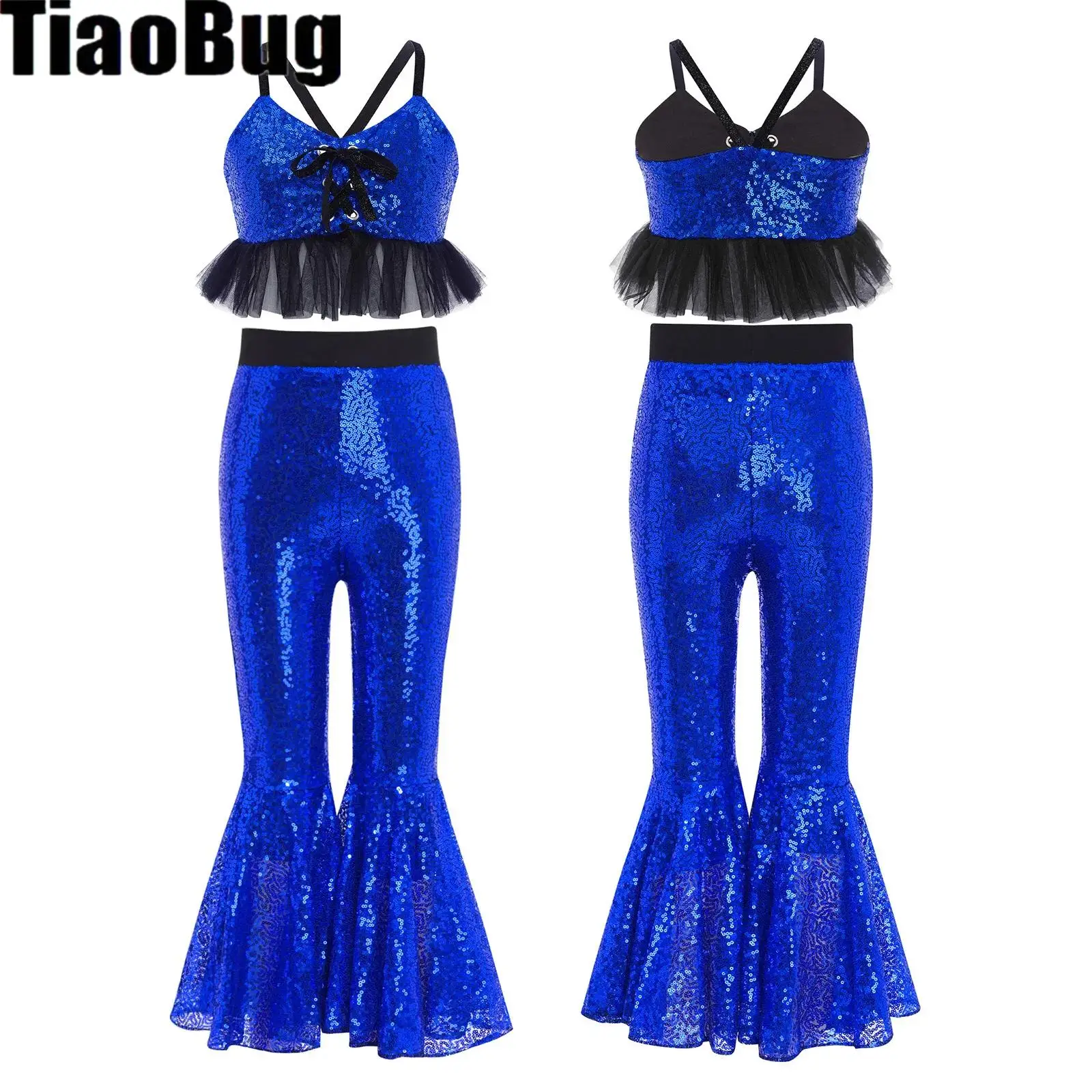 

Kids Girls Glittery Sequins Dance Outfits Spaghetti Straps Tulle Ruffles Camisole Tops with Elastic Waistband Flared Pants