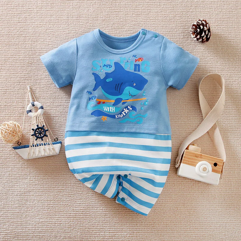 Summer Boys And Girls Cute Cartoon Shark Print Casual Comfortable Short Sleeve Baby Bodysuit