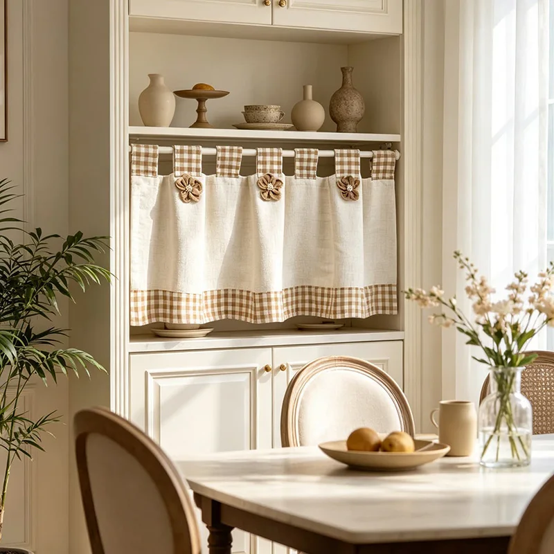 Japanese and Korean Cute Flower Decor Short Curtain Imitation Linen and Plaid Bottom Half Curtain For Kitchen Cabinet Farmhouses