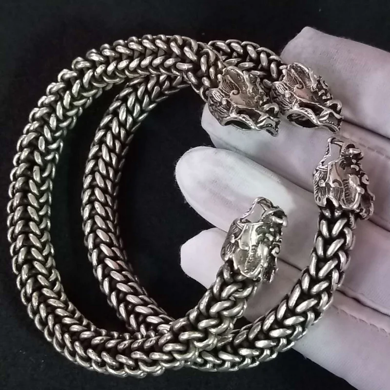 

Витой шелковый браслет DragonHead, мужские тибетские серебряные украшения, винтажная мода, универсальный стиль