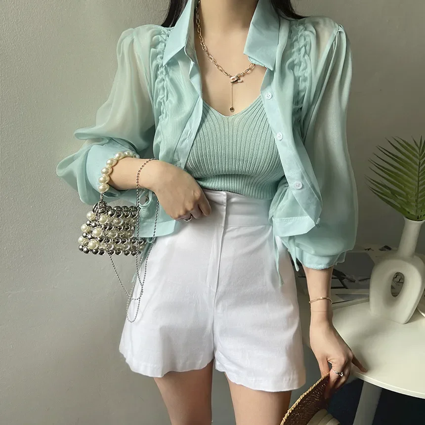 

Summer Hollow White 2 Piece Set Sweet Pleated Long Sleeve Sunscreen Shirt+Knitted Mini Strap Vest Korean Sexy 2 Piece Set 26385