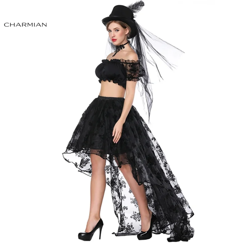 Charmian-المرأة مثير قبالة الكتف الأزهار الدانتيل تكدرت أعلى محصول ، ارتفاع الخصر مرونة تنورة منخفضة ، القوطية حفل زفاف مجموعة