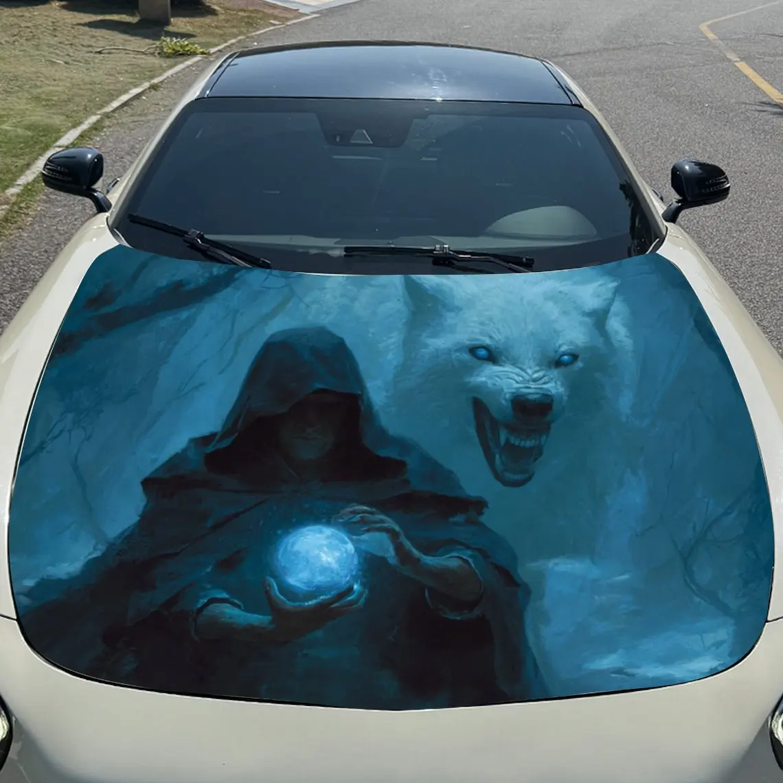 شخصيات غامضة بغطاء للرأس وملصق غطاء محرك السيارة الذئاب، طبقة غطاء حماية شخصية محرك PVC متينة، سهلة التركيب وات #3