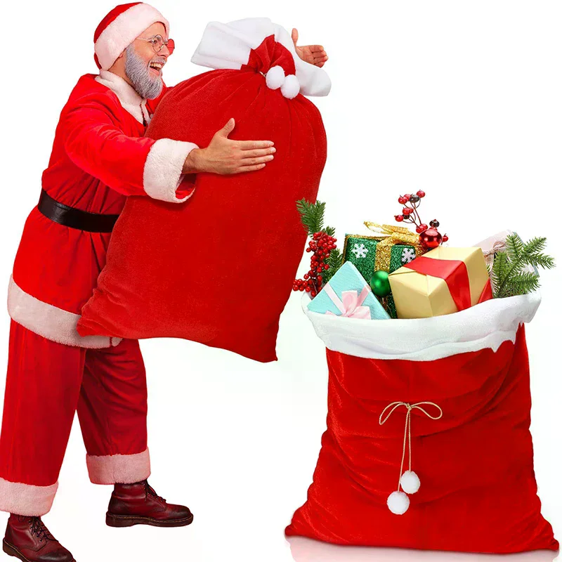 Natal de pelúcia saco de papai noel cordão com pom pom para crianças saco de presente de natal de luxo feliz natal