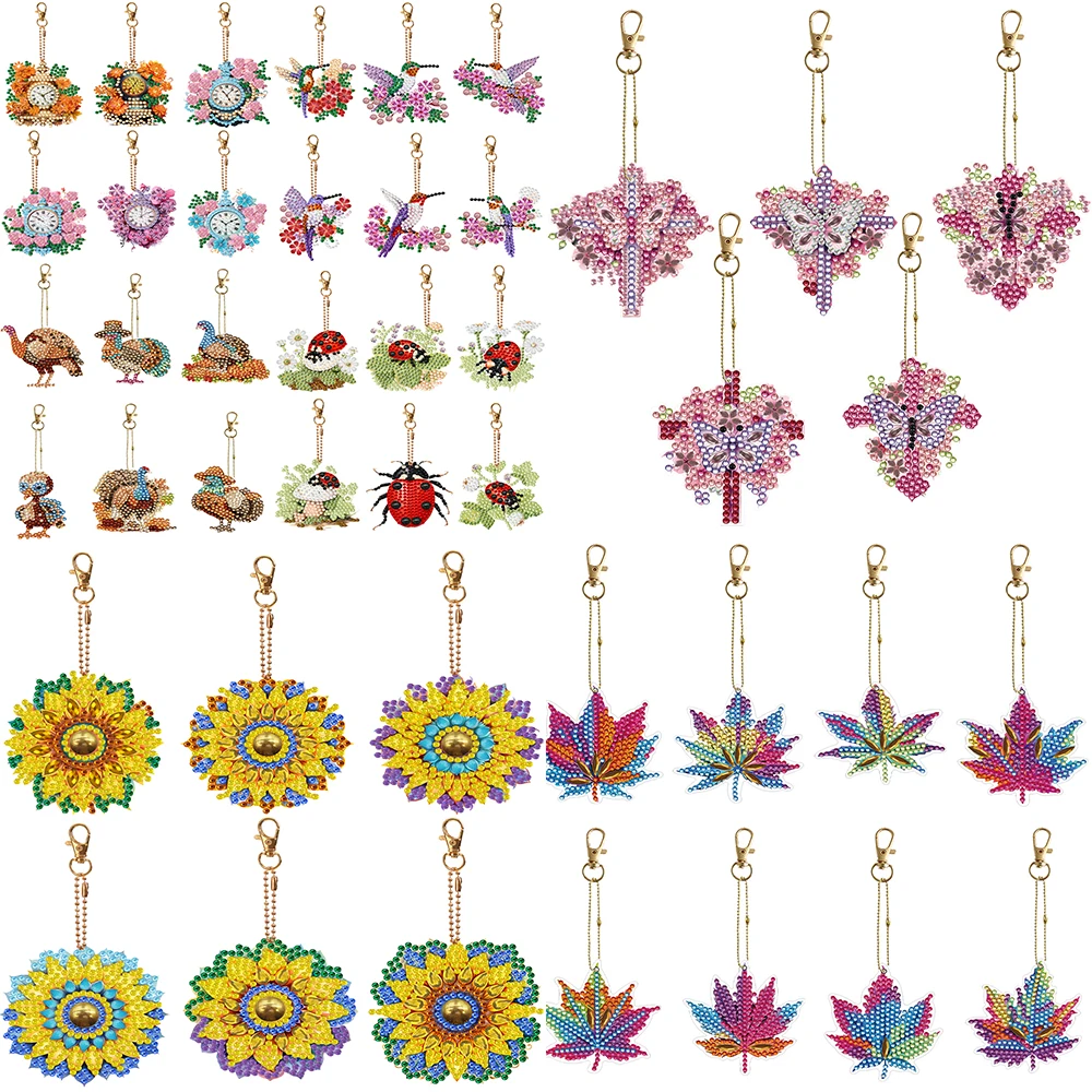 5/6/8PCS Diamond Art Keyring Holiday Turkey Double Sided Special Shape Diamond Painting Keychain Flower Swim Circle Flower Zebra