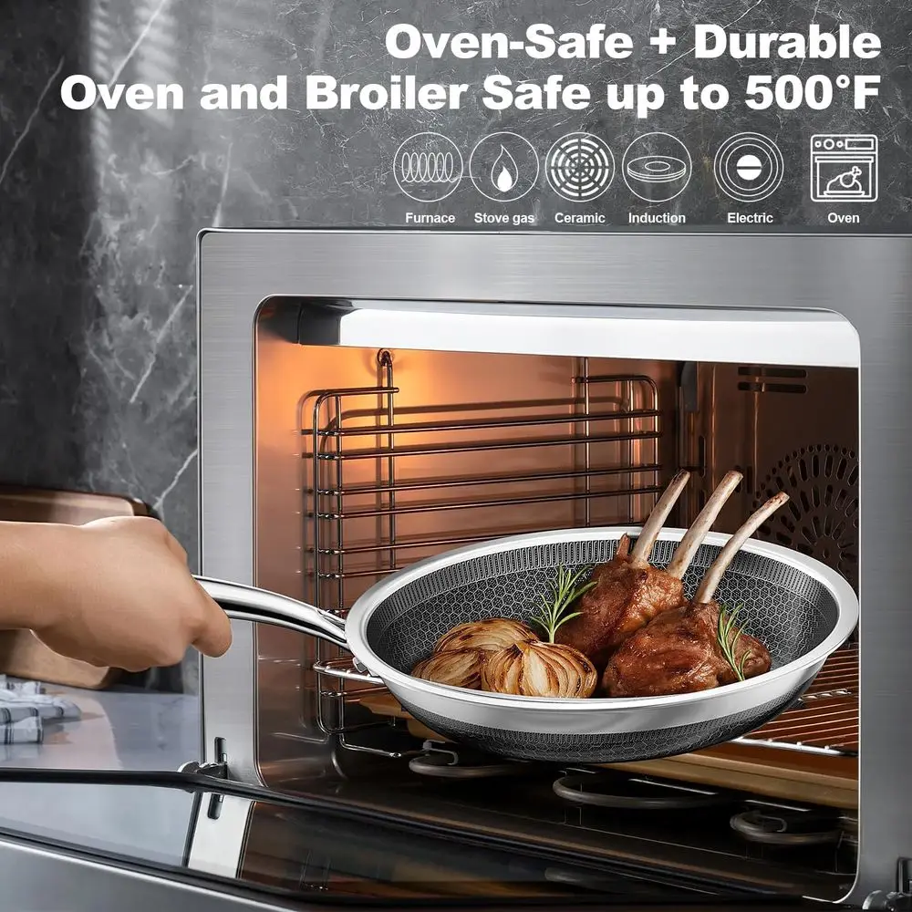 10 & 12 Inch Stainless Steel Nonstick Frying Pans with Lid, Tri-Ply for All Cooktops, Oven and Dishwasher Safe, Silver