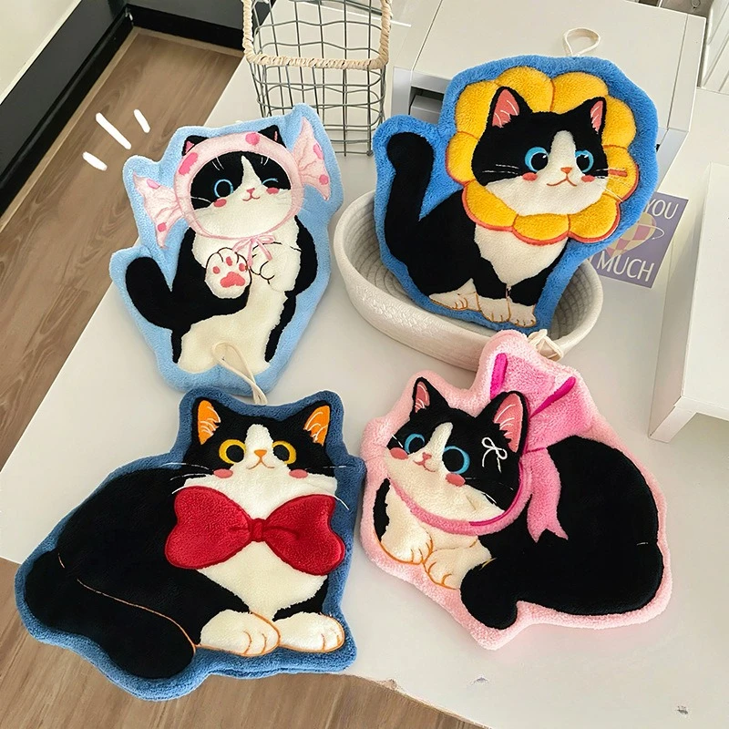 Thickened Pet Cat Super Absorbent Cute Cartoon Hand Towel Coral Velvet Kitchen and Bathroom Can Suspended Home Accessory Gadget