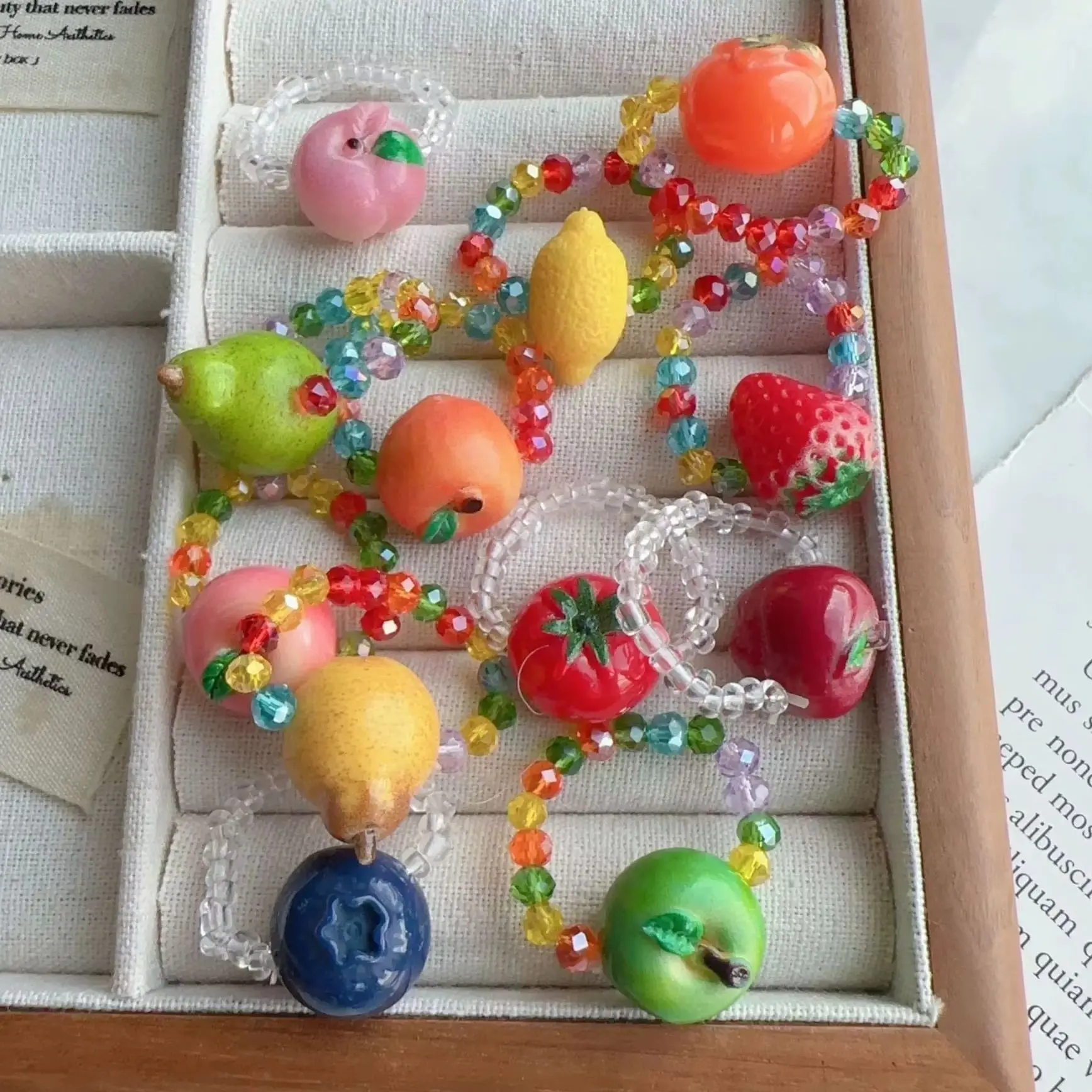 HUANZHI Multicolor Color Fruit Charm Ring Elastic Beaded Band Playful Mini‑fruit Ornament Hand‑formed Fruit Sculpted Top Jewelry