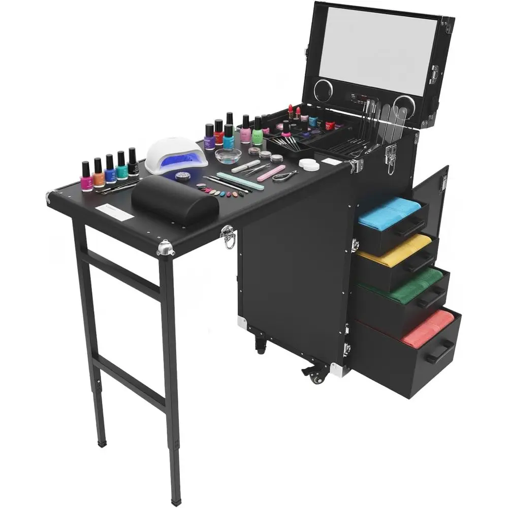 

Портативный кейс для косметики на колесах, с замком, 4 ящиками, зеркалом и музыкальными колонками, большой вместимости, черный