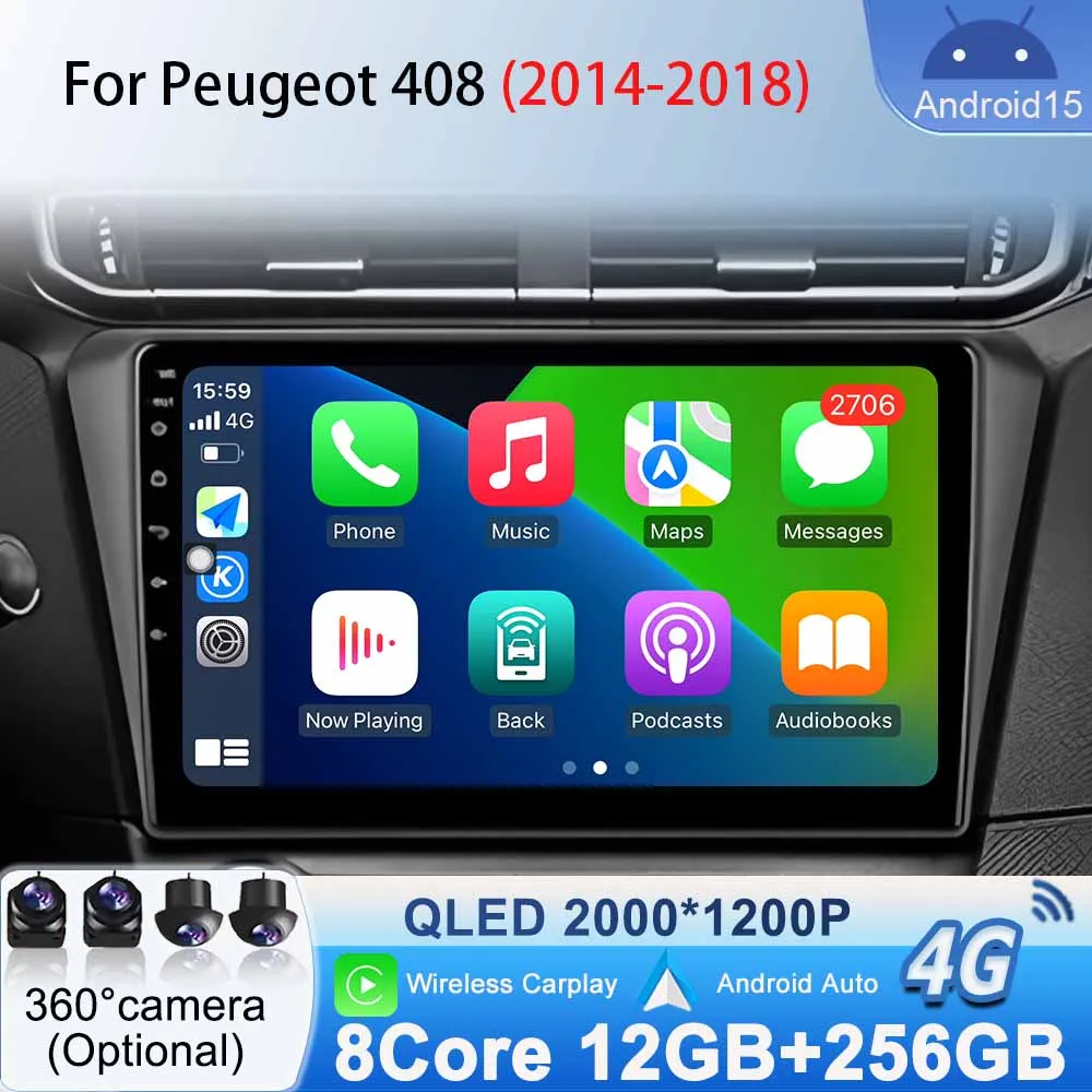 

RDS WIFI 4G LTE Android 15 for Peugeot 408 2014 - 2018 Wireless Carplay Car Radio Stereo GPS Navigation DSP Car Multimedia Video