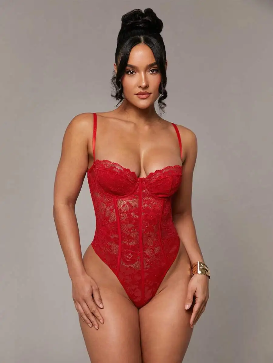 

Red Lace Bodysuit with Spaghetti Straps and Sheer Floral Pattern