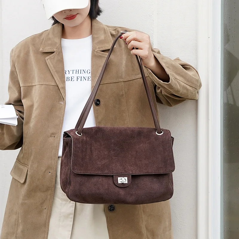 2026 Vintage Suede Genuine Leather Tote Shoulder Bag Women Luxury Frosted Cowhide French Flap Briefcase Messenger Crossbody Bag