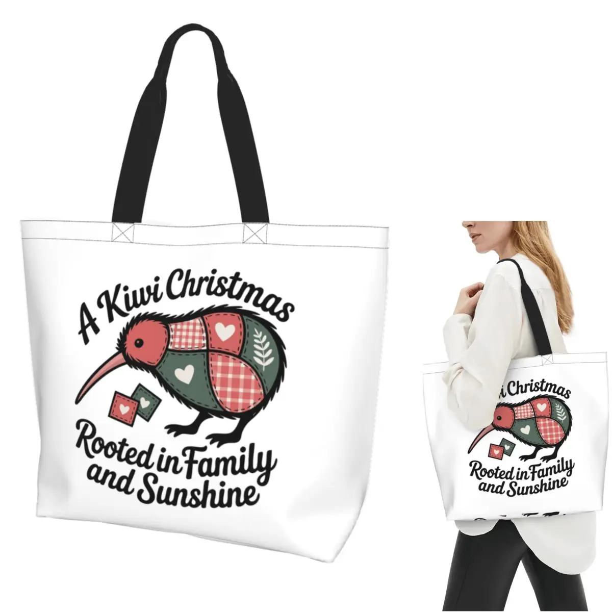 Patchwork Kiwi Silhouette A Kiwi Christmas Shopping Tote Bag Canvas Shoulder Bags Shopper Grocery Handbag for Women