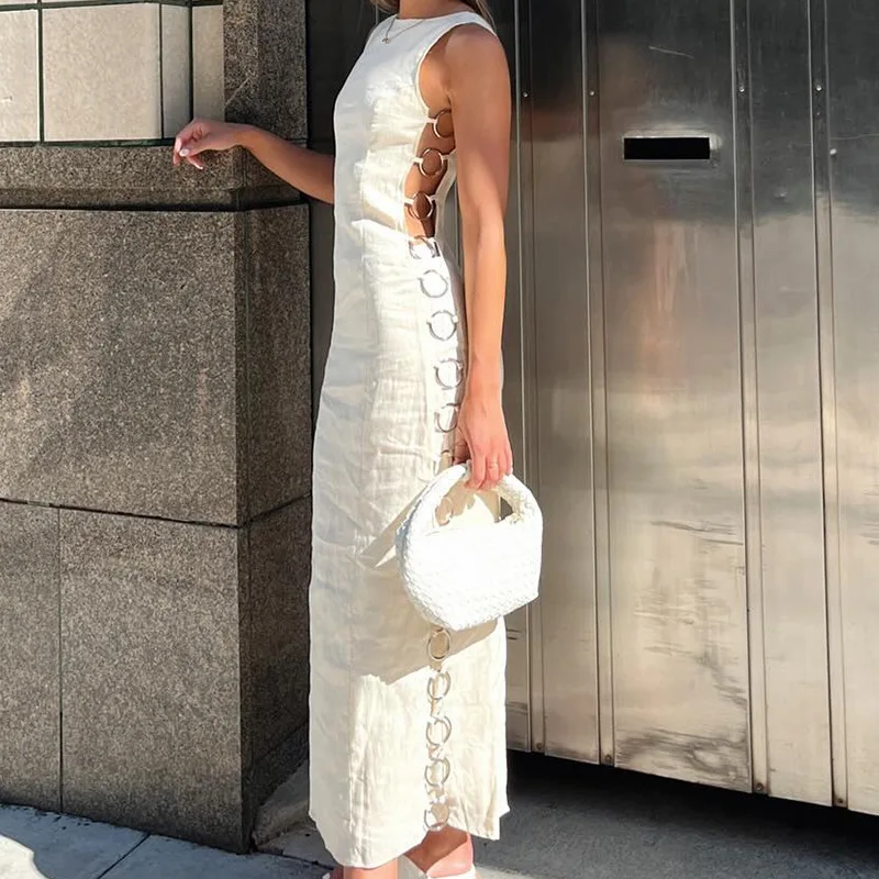 

Side Hollow Out Iron Ring Connected Long Dress Women Elegant O Neck Sleeveless Maxi Dresses 2024 Chic Lady Party Highstreet Robe