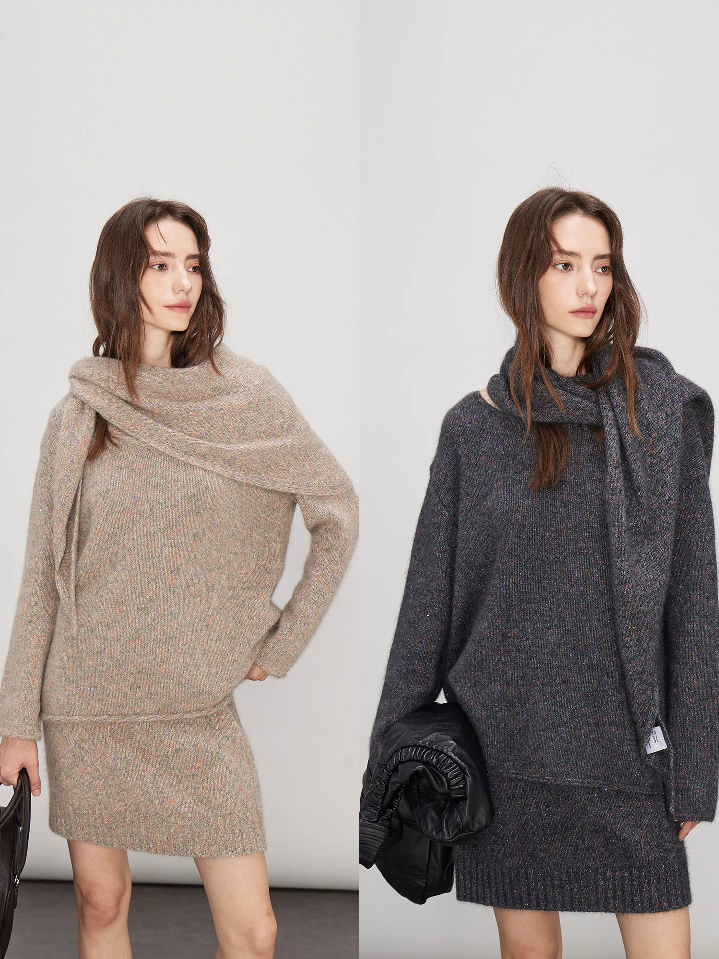 

Вязаный шерстяной свитер Iny Bear с круглым вырезом, короткая юбка и шарф — модный комплект для женщин, стройнящий фигуру