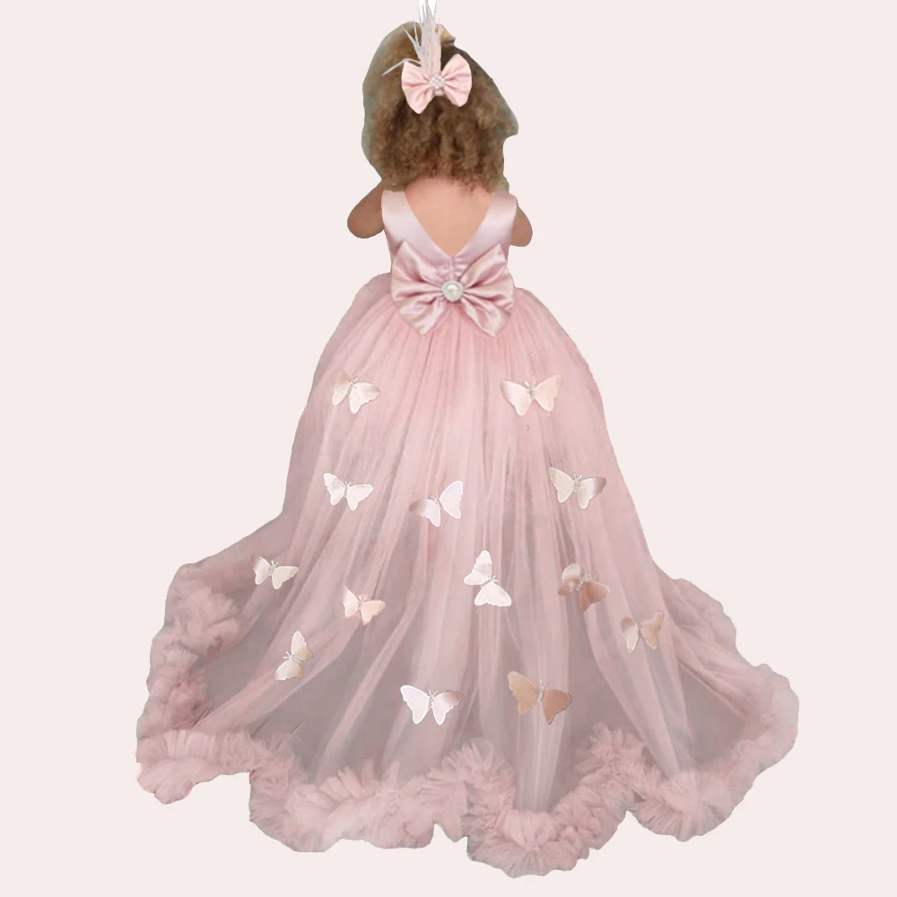 Toddlers Pageant Dresses Pink Detachable Train Princess Flower Girl Dress 3D Applique Kids First Communion Birthday Party Gowns