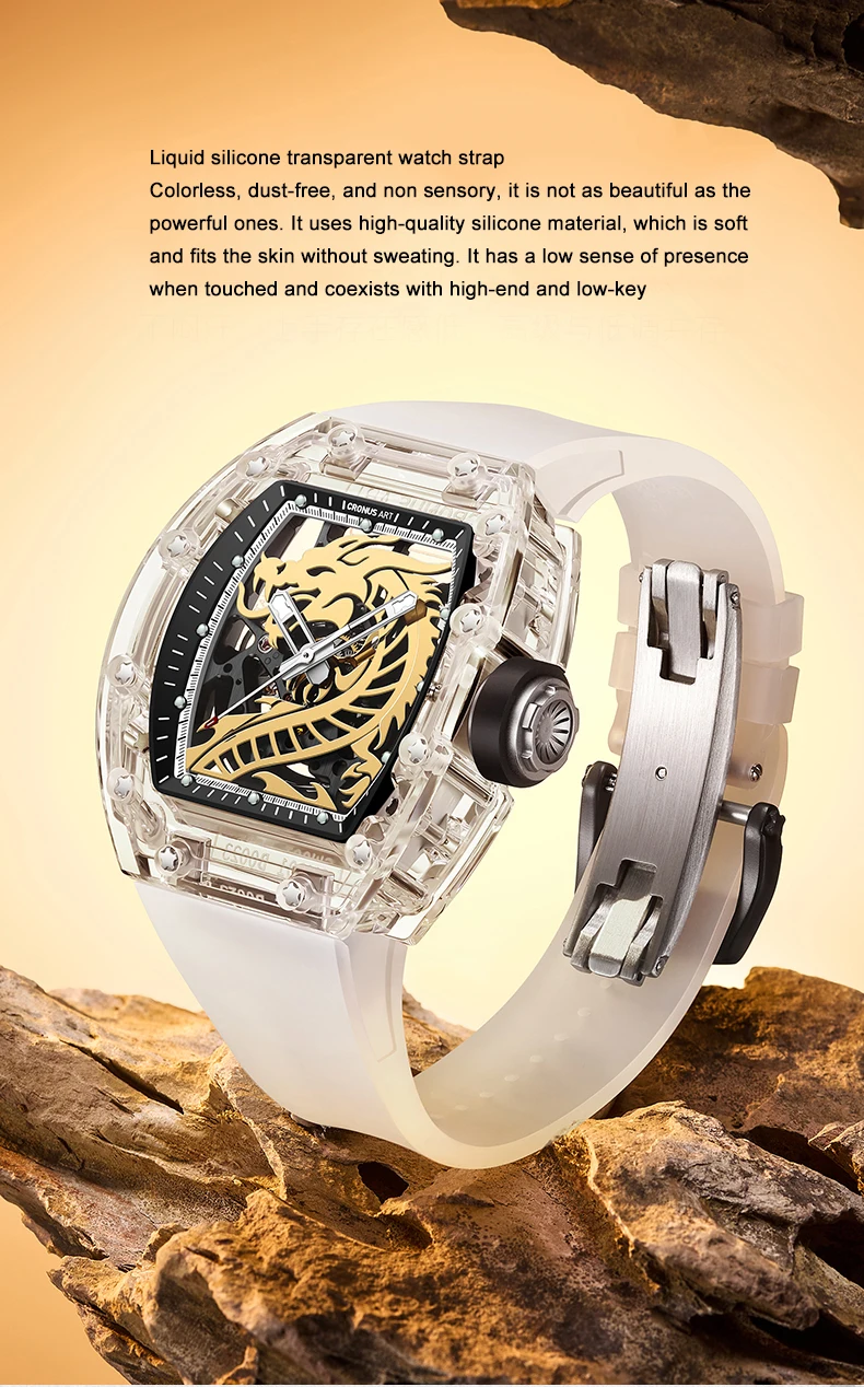 CRONUSART Men Automatic Watch 50mm Luxury Tonneau Mechanical Wristwatch Sapphire Case Luminous Liquid Silicone Strap Dragon Dial