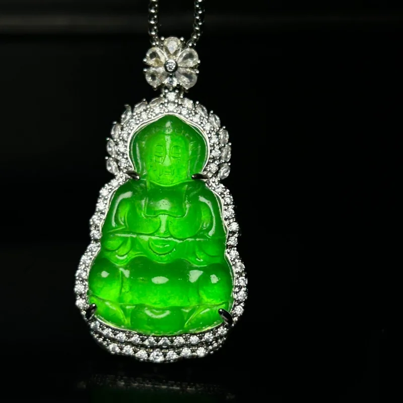 

Natural Perfect high Ice Jade Jadeite Green guanyin Pendant&Necklace Certified