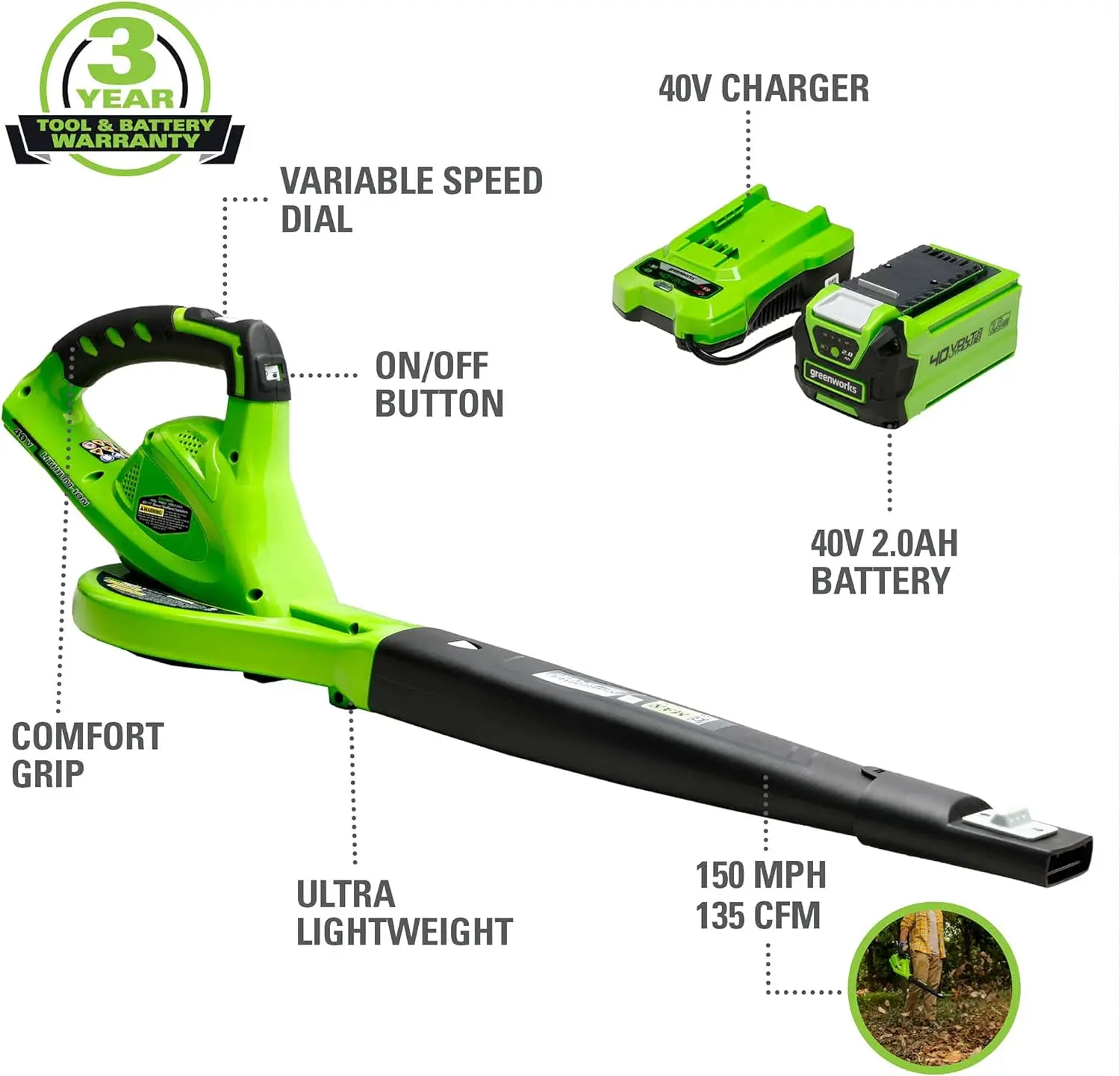 40V Leaf Blower/Sweeper 150 MPH Lightweight Quiet with 2.0 Ah Battery and Charger Superior Comfort and Control