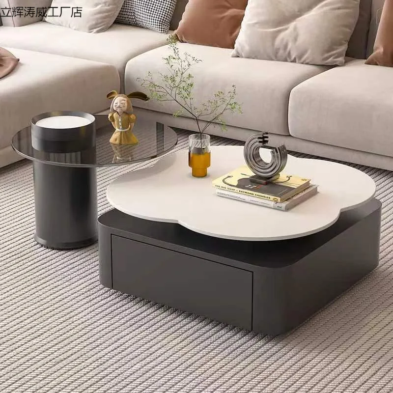 Light luxury pure white four-leaf clover rotating rock slab coffee table Italian living room household small