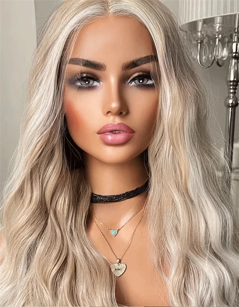 Slavic Iced Ash Blonde Platinum Balayage Layered Curls Lace Front Synthetic Wig Natural Looking Middle Part Hairline 26 Inch