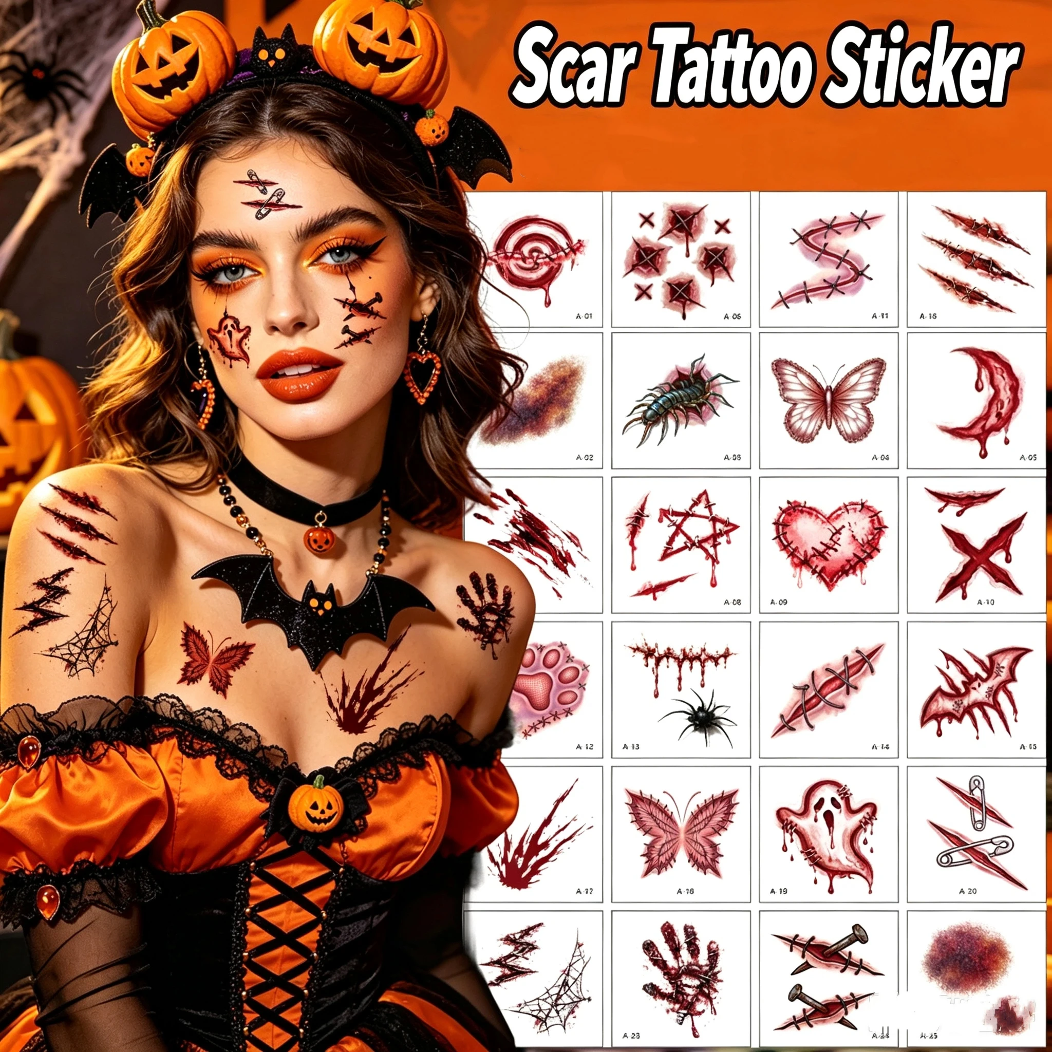 Halloween party scar knife edge waterproof tattoo stickers, long-lasting facial and body makeup stickers, body art stickers