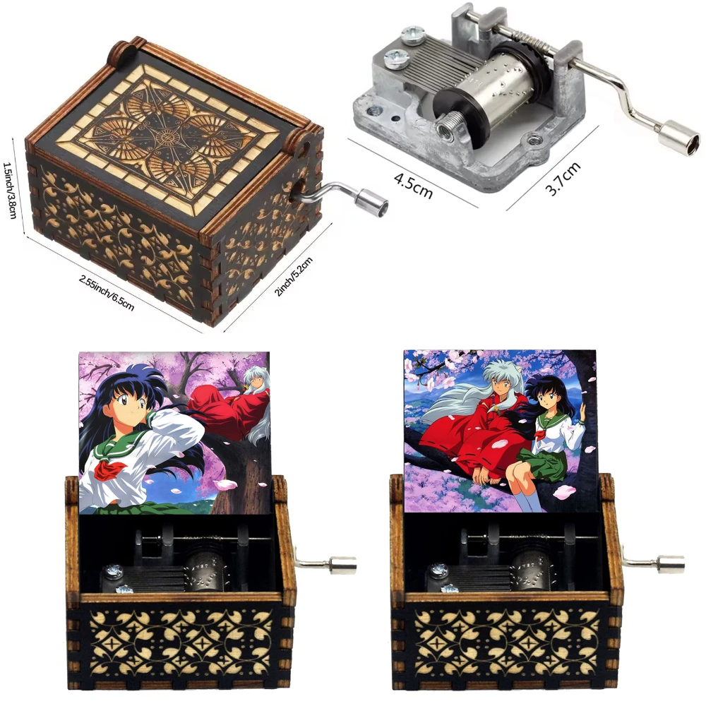 ##Inuyasha Wooden Hand Crank Music Box Engraved Vintage Music Box for Fans Collection Birthday Gift Home Decor