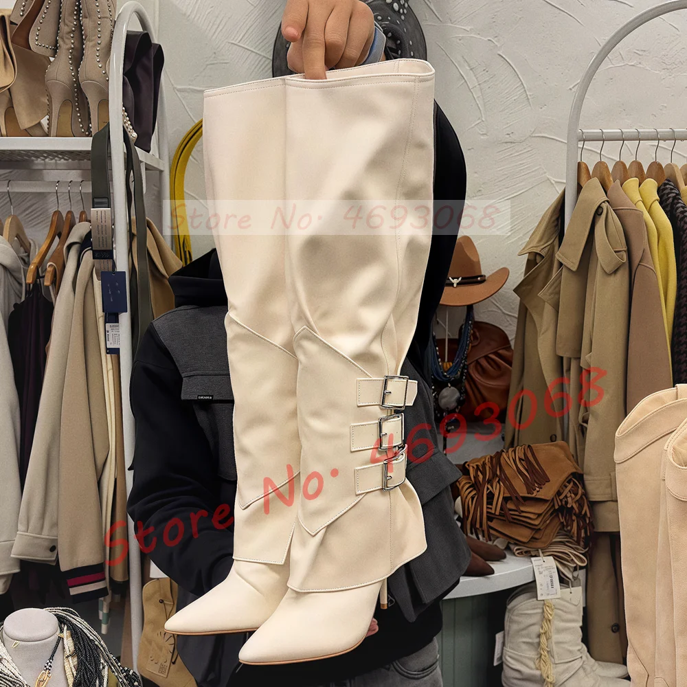Ivory White Foldover Knee High Boots Women Sexy Pointed Toe Multi Buckle Strap High Heel Ladies Fashion Large Size Leggy Shoes