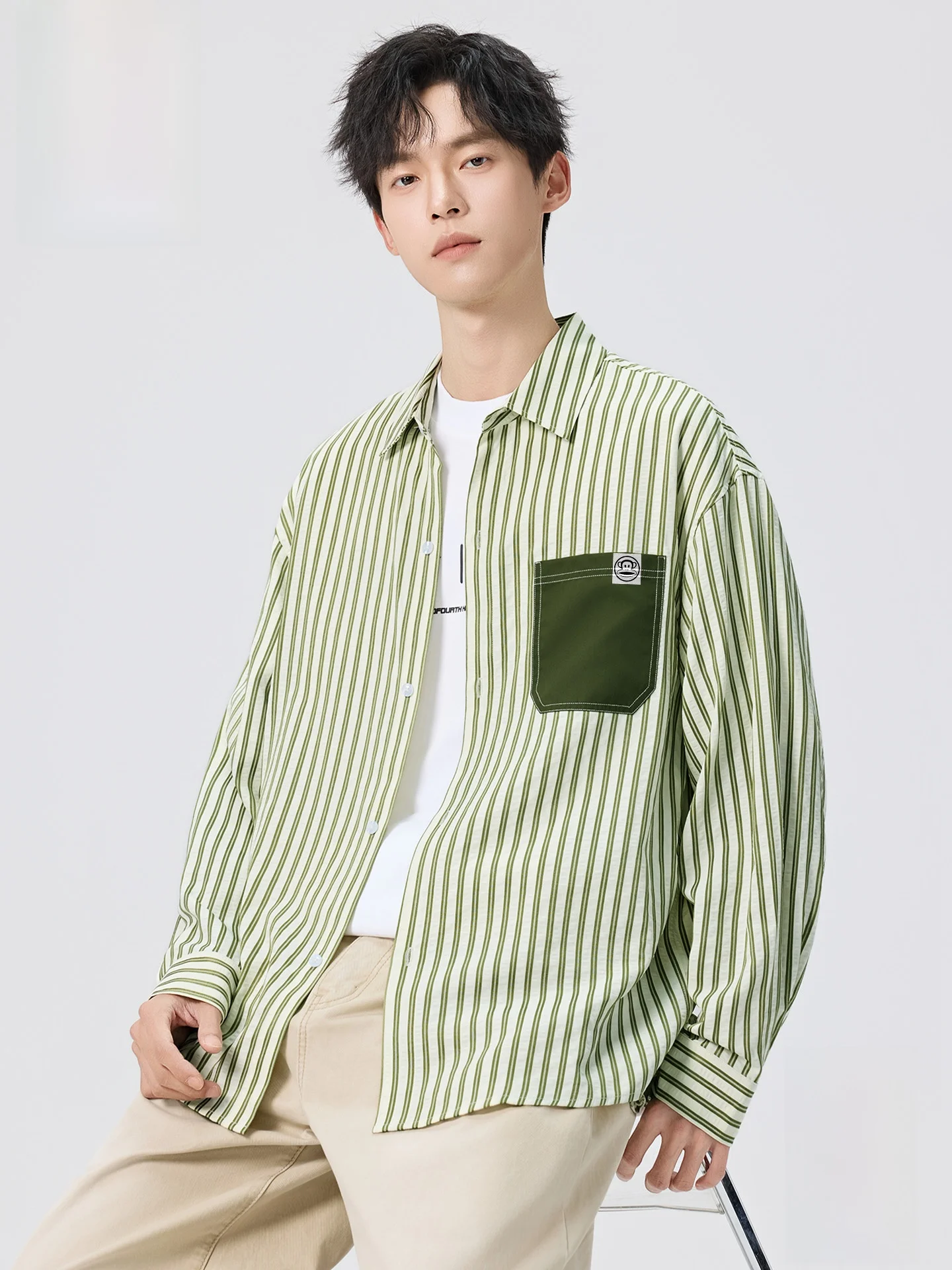 

Long Sve Casual irt Men's Spring Stripe Thin Cardigan Coat D Loose Fit Waed Polyester Blend Anti-Wrinkle