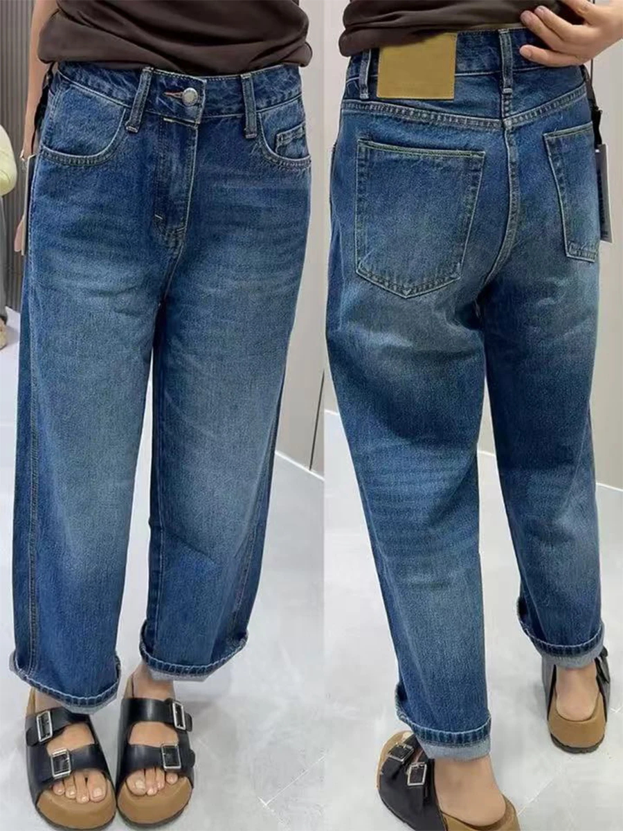 

Джинсы женские прямые винтажные синие больших размеров, весна-осень, свободные, с высокой талией, утягивающие, широкие штанины