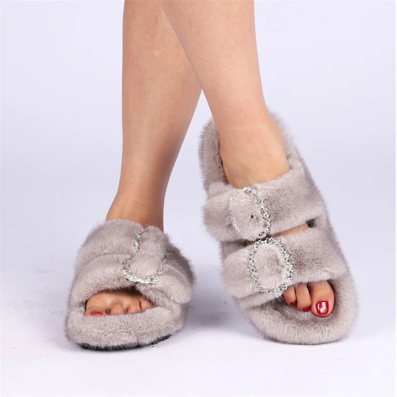 المرأة شبشب شتوي عدم الانزلاق في الهواء الطلق داخلي أحذية منزلية أفخم المنك فو الفراء الدافئة غامض النعال الراحة فروي البغال النعال