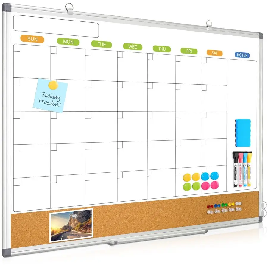 

Erase Calendar Whiteboard for Wall, 36 x 24 Doublesided Monthly Calendar White Board Cork Combo, Hanging Wall Mounted Bulletin C