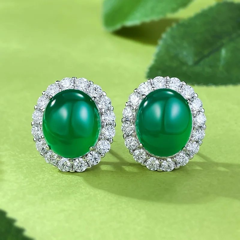 Longlong Gold Jewelry Live New 925 Silver Inlaid 10 * 12 Green Jade Marrow Earrings Rich Lady Style Luxury