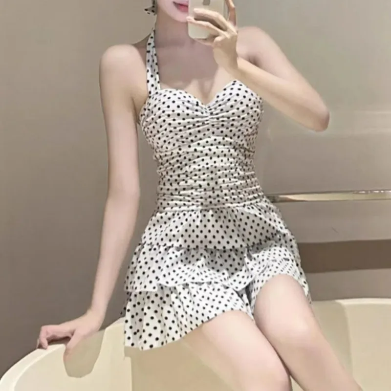 Traje de baño fruncido con estampado de puntos para mujer, traje de baño Sexy de una pieza sin mangas con cuello Halter, vestidos de playa para vacaciones, traje de baño conservador