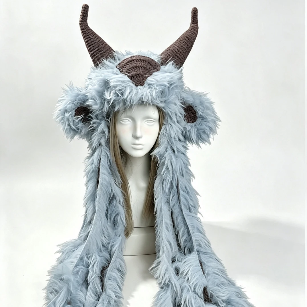 Handmade Crochet Horned Monster Wild Goat Hood Men Fuzzy Viking Knit Winter Warm Beanie Women Goth Halloween Cosplay Custom Hat